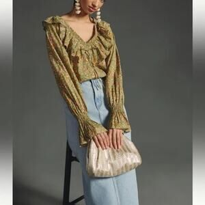 Anthropologie The Frankie Raffia Clutch in Gold Bag Crossbody Chain Clutch Purse